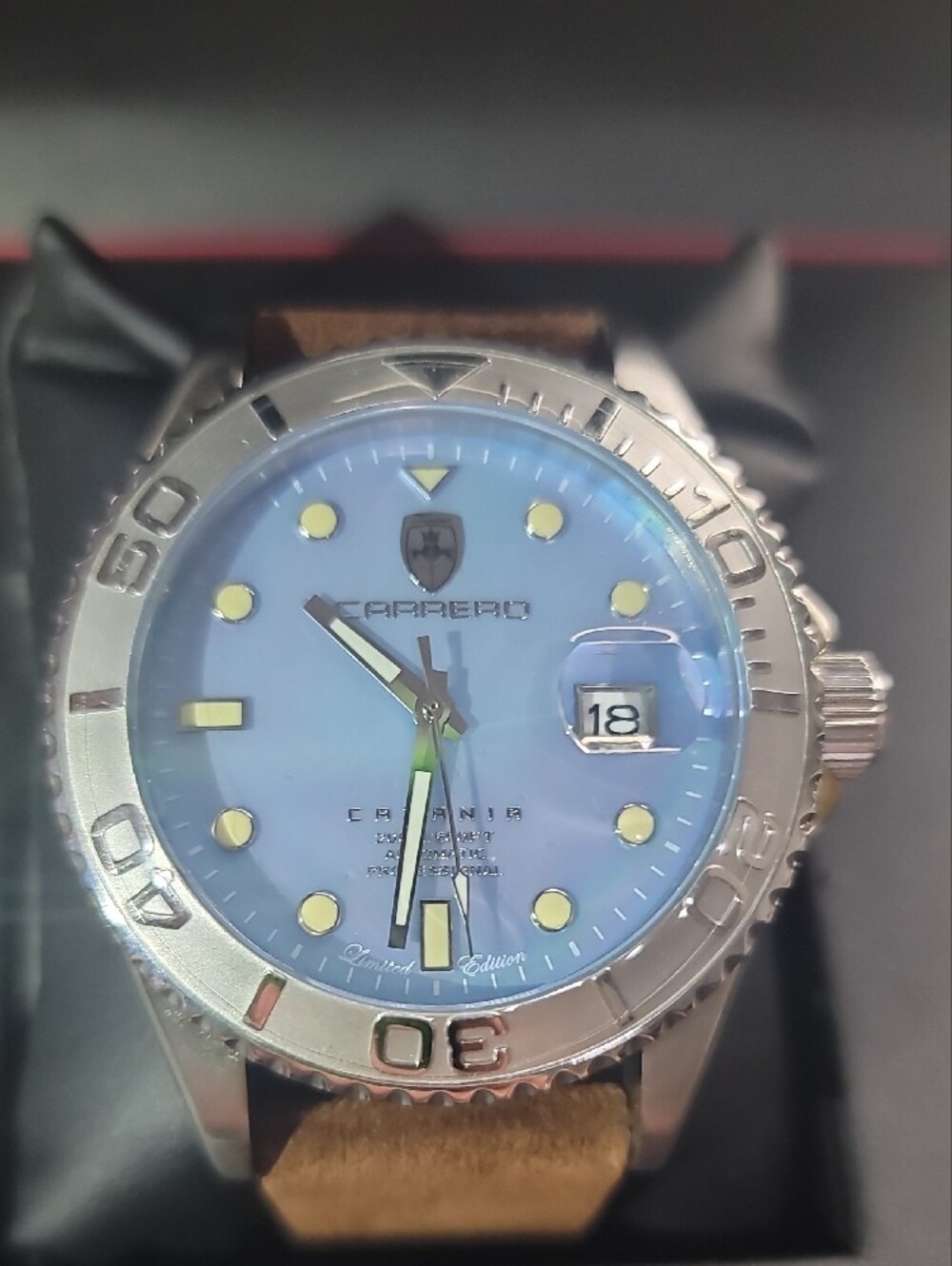 Torino Carrero Automatic Blue Dial Stainless Watch with Brown Suede Strap